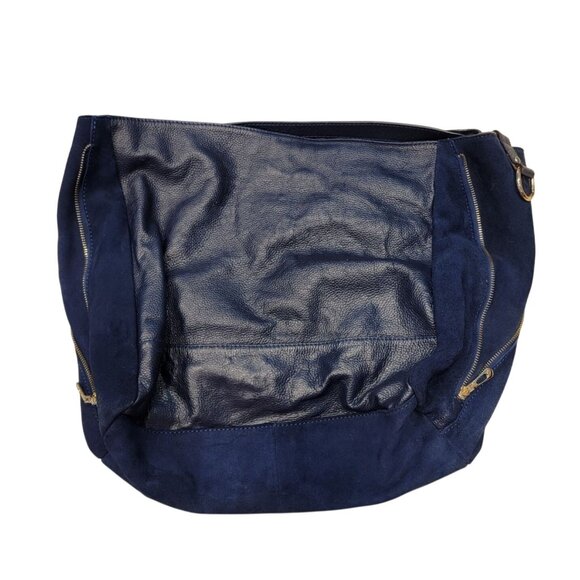 Navy Leather & Suede Tote Bag - Picture 2 of 8